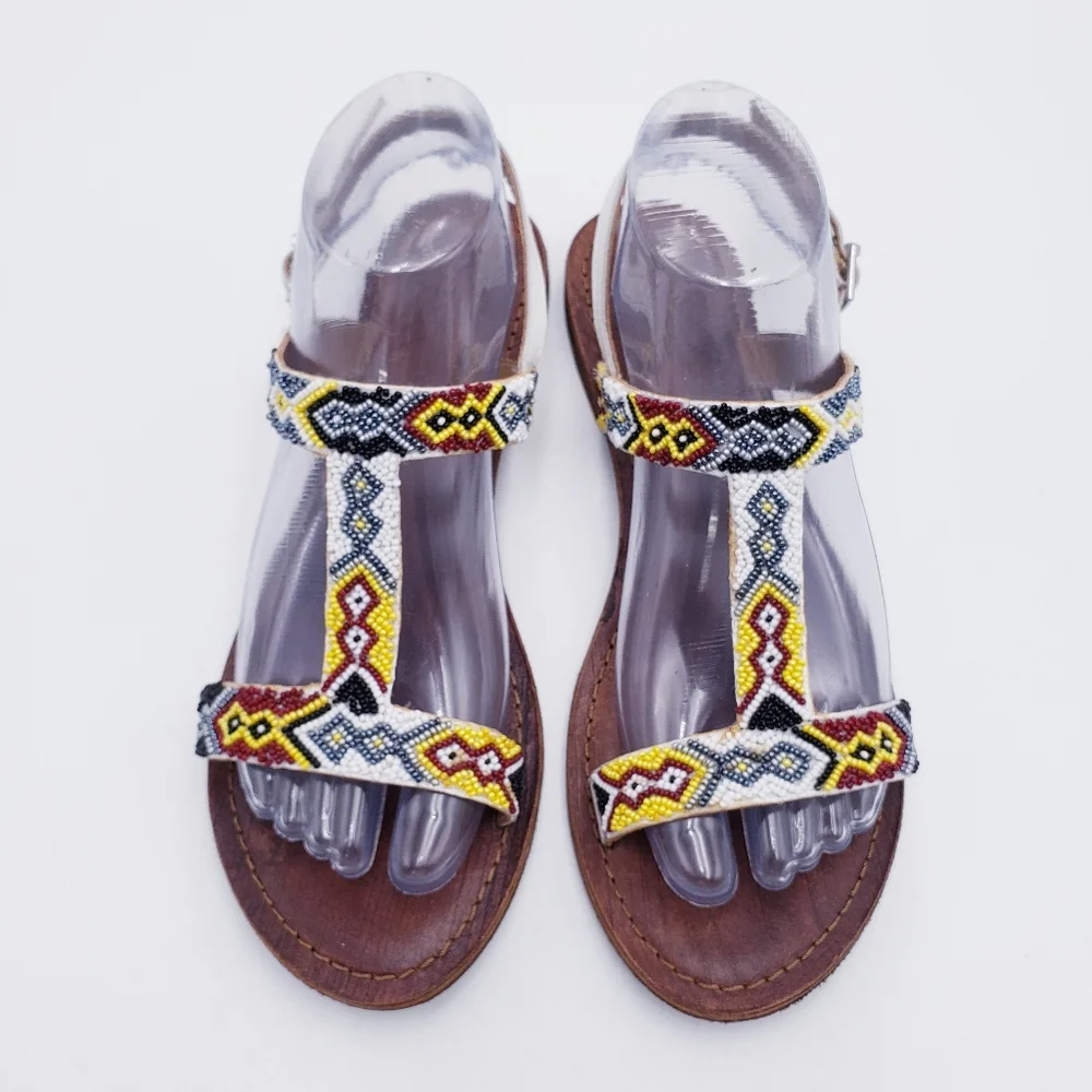 Freebird By Steven Juno Flat‎ Sandal Beaded TStrap Slingback Womens Size 39 8.5